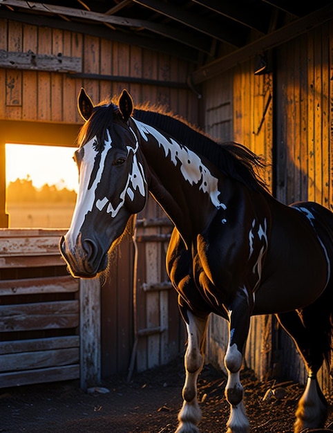 een paard staat in een schuur met daarachter de ondergaande zon.