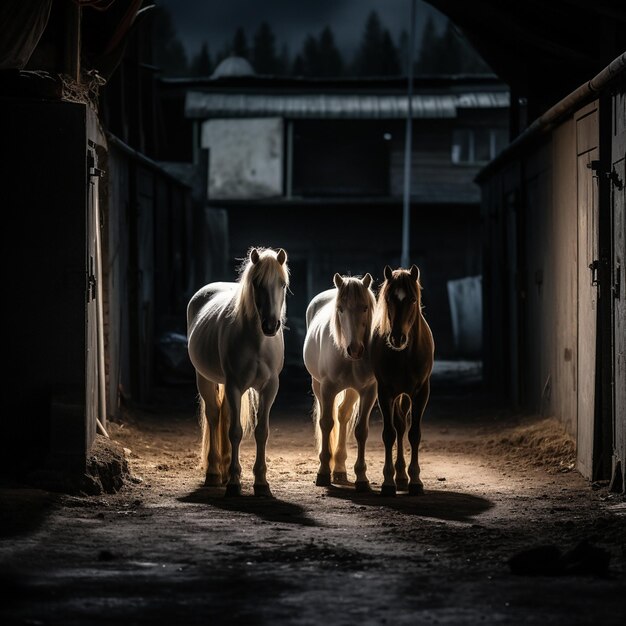 een paard staat in een schuur