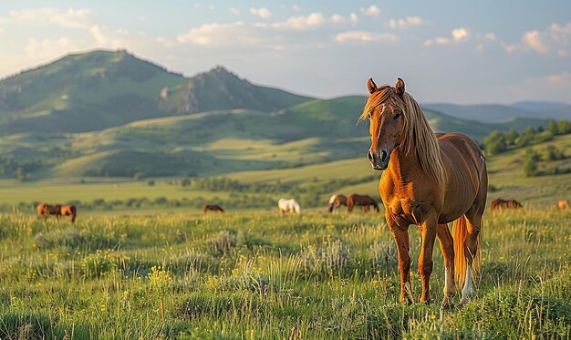 een paard staat in een veld met paarden op de achtergrond