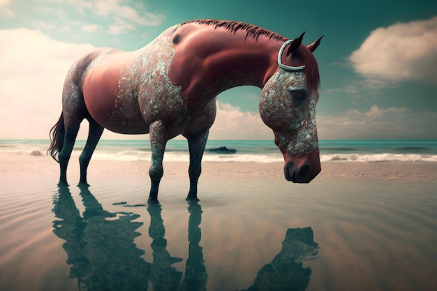 Een paard staat op het strand en kijkt naar het water.