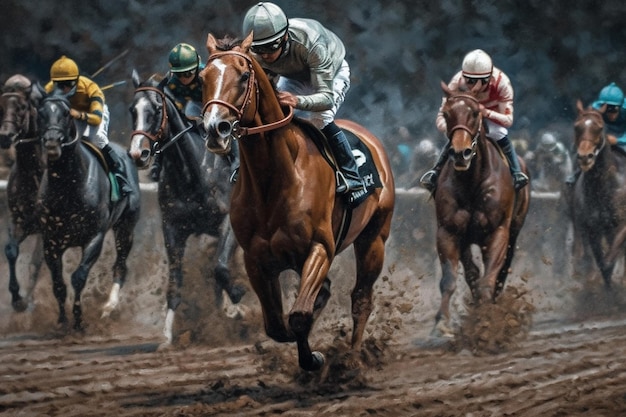 Een paardenrace met jockeys op hun rug.