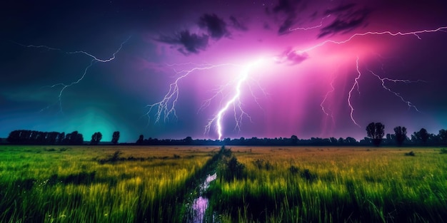 Een paars en paars onweer met een veld op de achtergrond