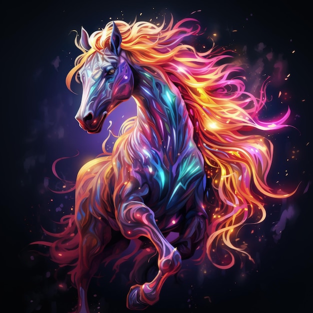 Een paars gekleurd paard met gloeiende kleuren