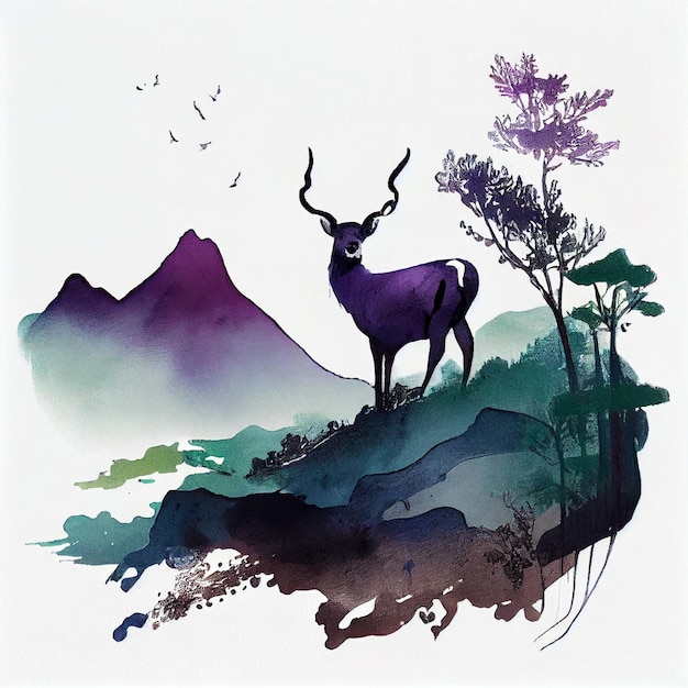 Een paars hert staat op een heuvel met bergen op de achtergrond.
