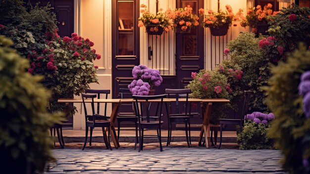 een paars object zit op een tafel buiten met bloemen op de achtergrond