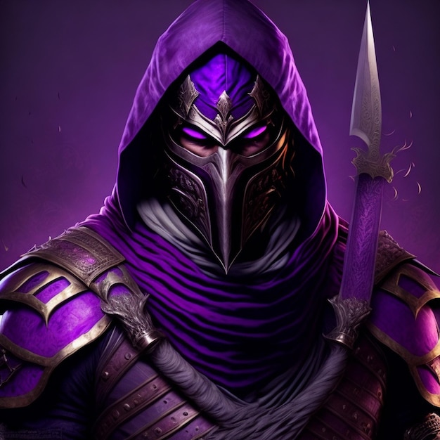 Een paars personage met een zwaard en een paars masker.