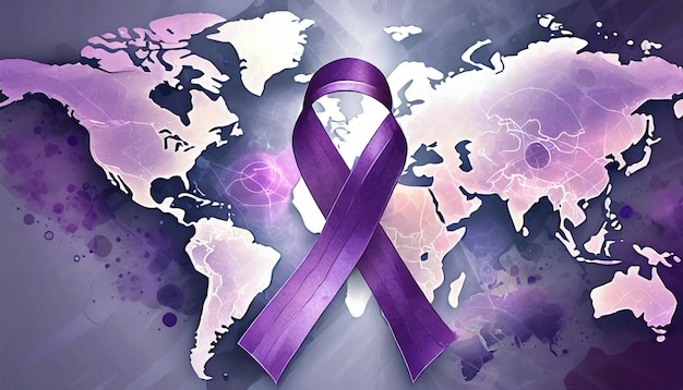 Foto een paars ribbon voor kankerbewustzijn met een silhouet van de wereldkaart op de achtergrond