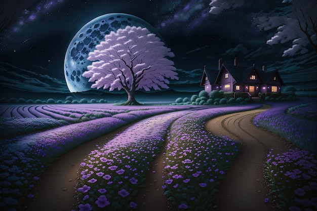 Een paars veld met een boom in het midden en de maan op de achtergrond