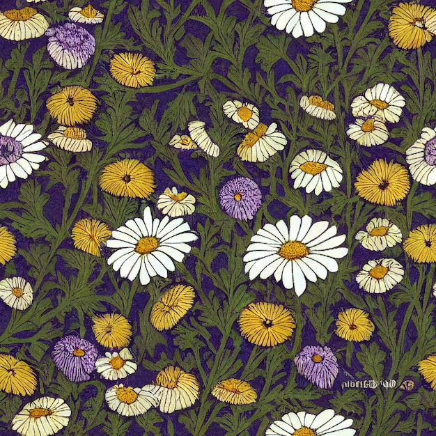 Een paarse achtergrond met een dessin van madeliefjes en andere bloemen.