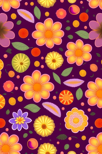 Een paarse achtergrond met een patroon van bloemen en bladeren.