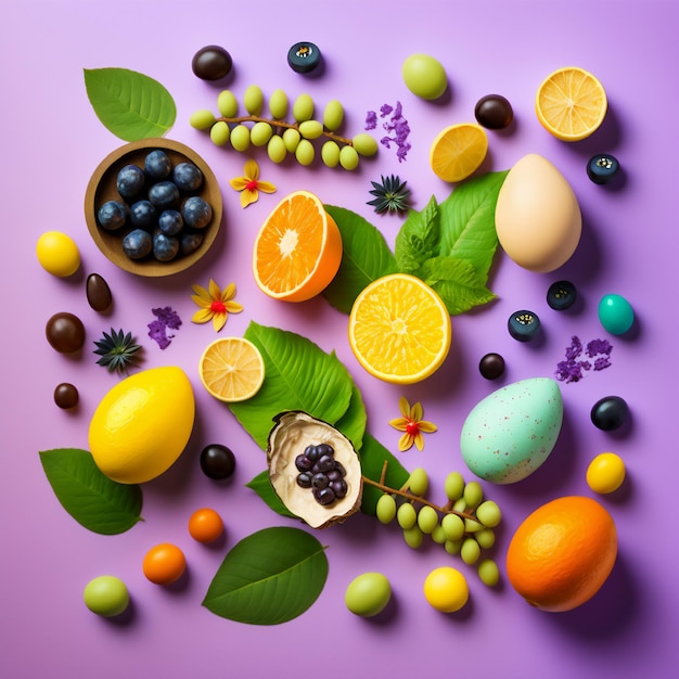 Een paarse achtergrond met kleurrijke eieren, fruit, waaronder bosbessen Gemaakt met behulp van Generative AI
