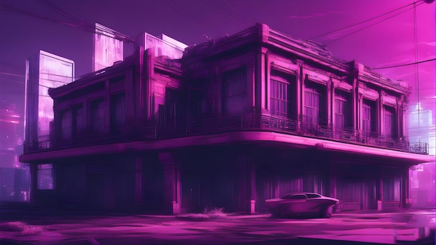 een paarse afbeelding van een gebouw met een auto geparkeerd voor het.