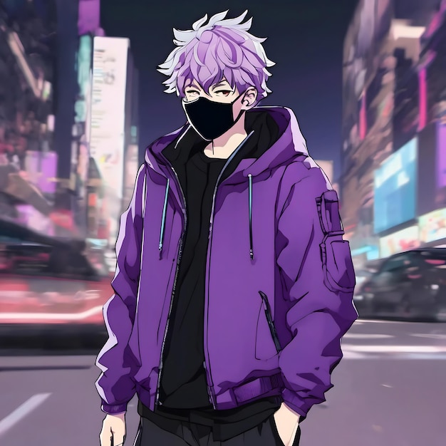 een paarse anime personage met paarse ogen en paarse hoodie loopt door de straat