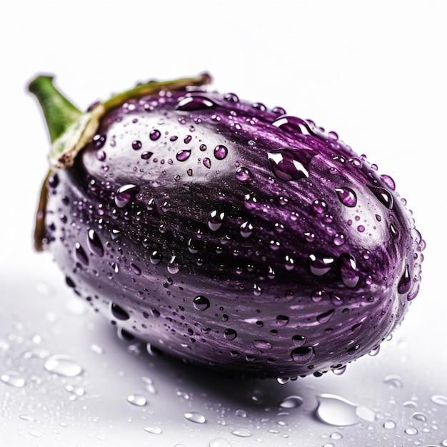 Een paarse aubergine met waterdruppels erop