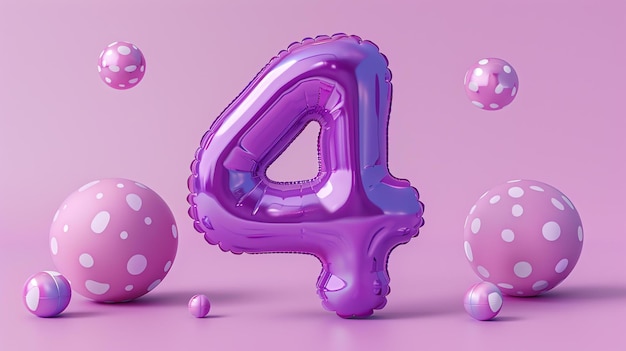 Foto een paarse ballon in de vorm van het getal 4 de ballon drijft in de lucht en er zijn verschillende polka dot ballen van verschillende maten om hem heen