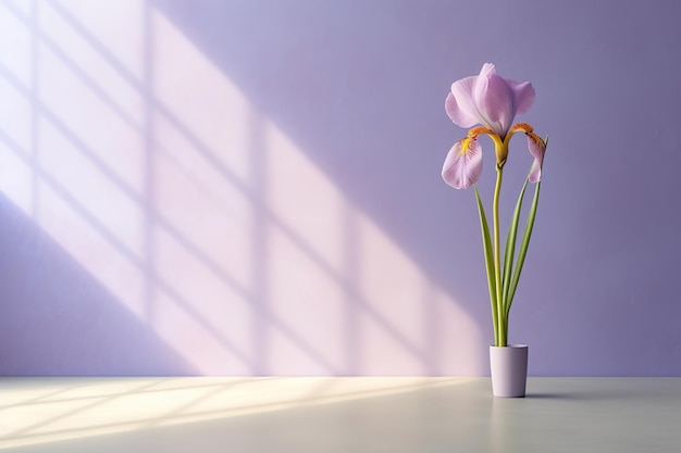 Een paarse bloemenvaas met een paarse iris op tafel.