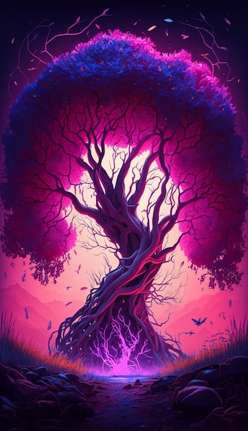 Een paarse boom met een paarse achtergrond en de woorden "de boom staat op de bodem".