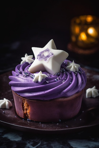Een paarse cake met paars glazuur en een ster erop.