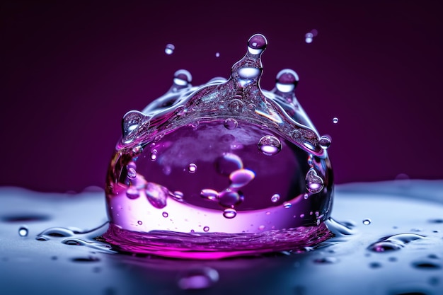 Een paarse druppel water valt in een glas