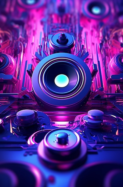 Een paarse en blauwe afbeelding van een luidspreker met het woord muziek erop