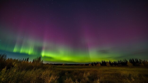 Een paarse en groene aurora borealis verlicht de nachtelijke hemel.