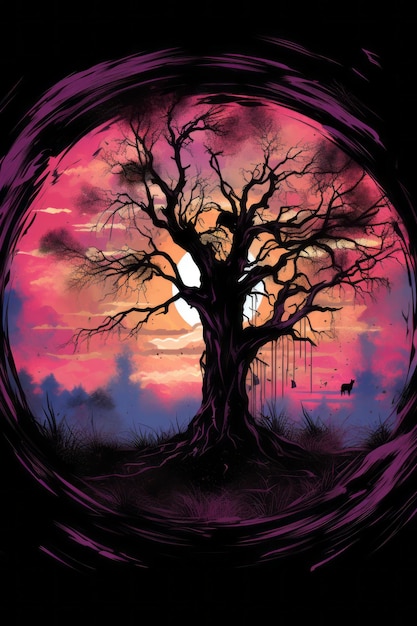 een paarse en zwarte achtergrond met een boom in het midden