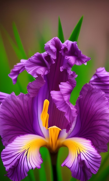 Een paarse iris met gele bloemblaadjes en een geel centrum.