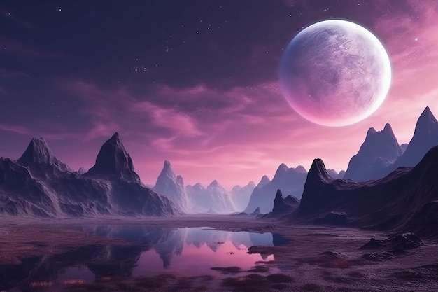 Een paarse maan boven een meer met een roze lucht en een paarse maan.