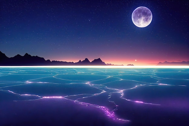 Een paarse maan komt op boven een bevroren oceaan.