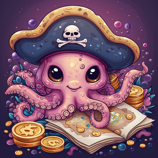 een paarse octopus leest een boek met een piraat erop