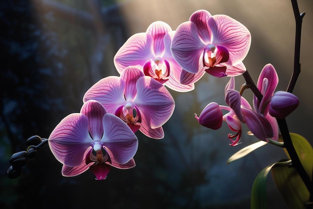 Een paarse orchidee met het licht dat er doorheen schijnt.