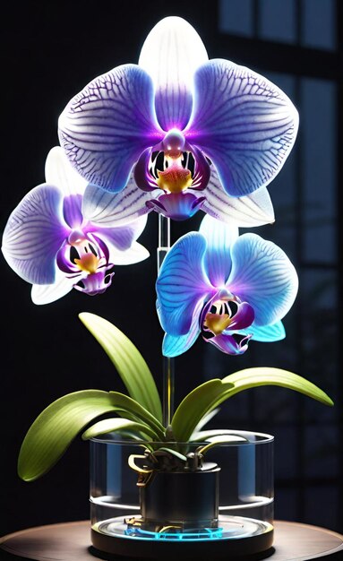 Foto een paarse orchidee met paarse en blauwe bloemen in een vaas