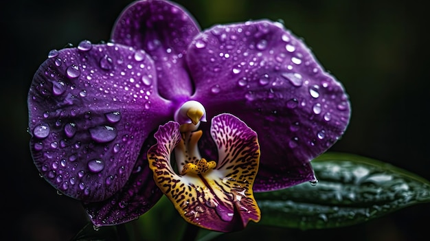 Een paarse orchidee met regendruppels erop