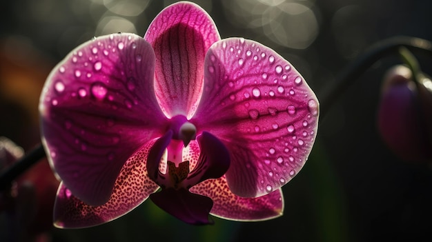 Een paarse orchidee met waterdruppeltjes erop