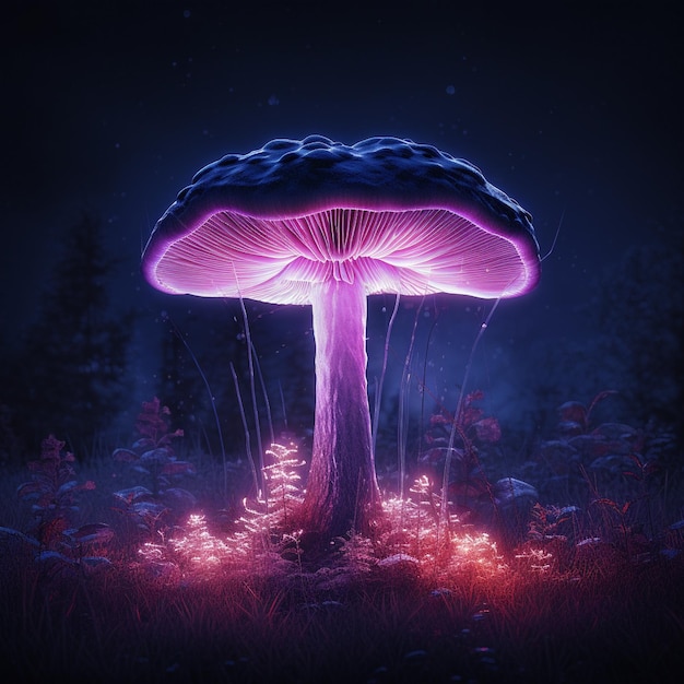 een paarse paddenstoel met paarse en blauwe lichten op de achtergrond.
