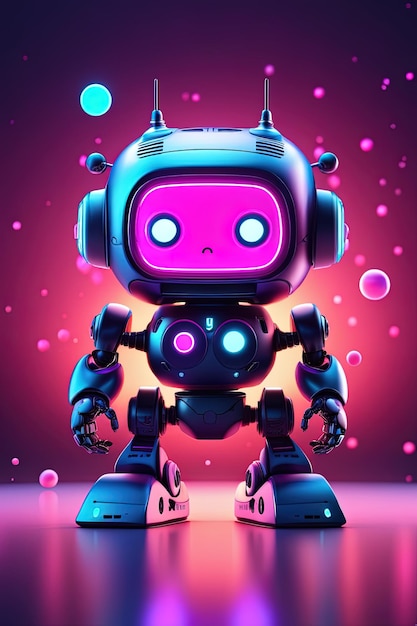 een paarse robot met paarse ogen en een roze achtergrond