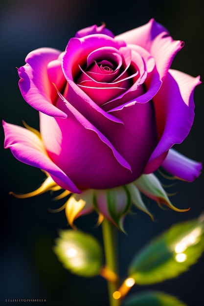 Een paarse roos met het woord liefde erop
