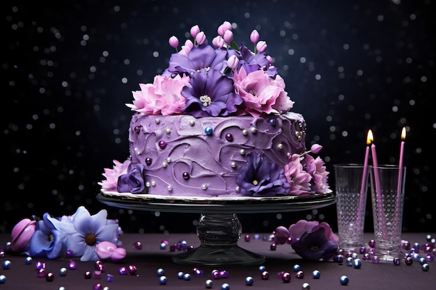 Foto een paarse taart met paarse bloemen en een glas wijn
