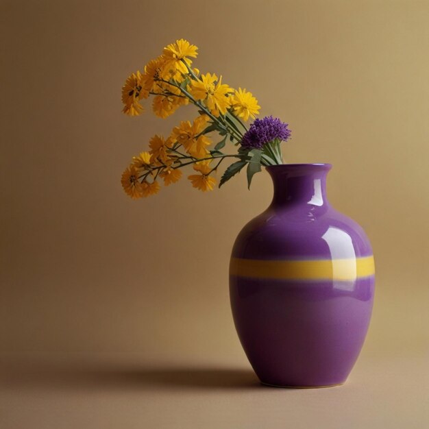 een paarse vaas met gele bloemen erin en een paarse bloem in het midden