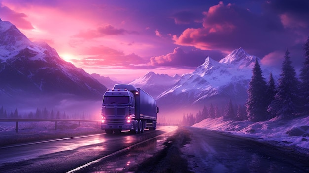 Een paarse vrachtwagen die op een weg rijdt met bergen op de achtergrond