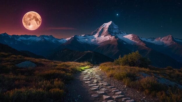 Foto een pad dat leidt naar een berg met een maan op de achtergrond