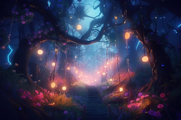 een pad dat naar een donker bos leidt dat verlicht is met veel kaarsen