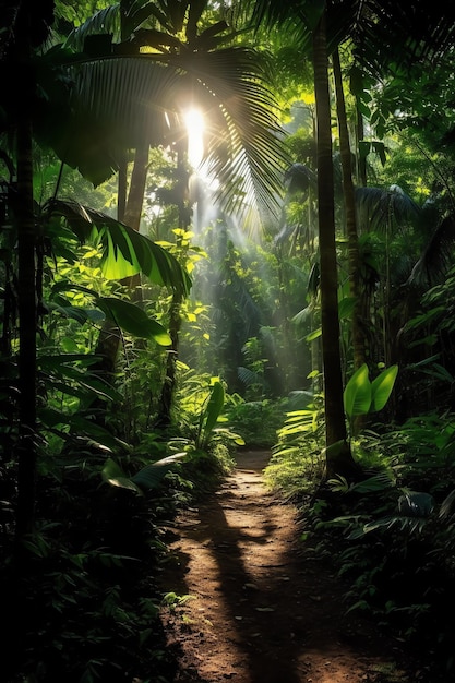 Een pad door de jungle met de zon die door de bladeren schijnt