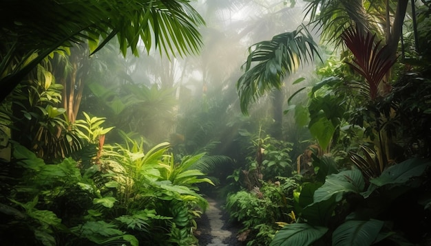 Een pad door de jungle met op de achtergrond een jungle.