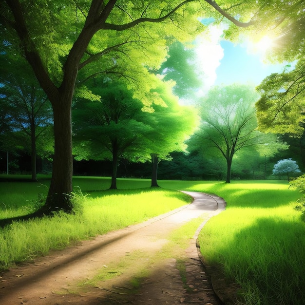 Een pad door een bos met de zon die door de bomen schijnt.
