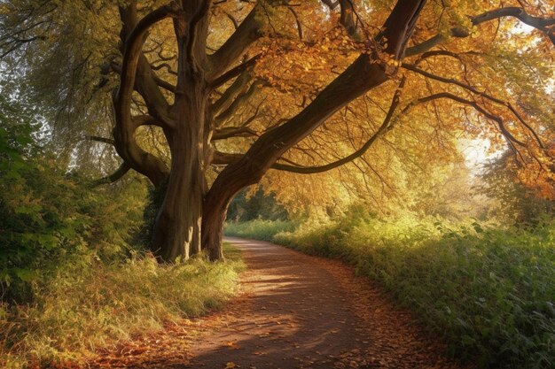 Een pad door een bos met de zon op de bladeren