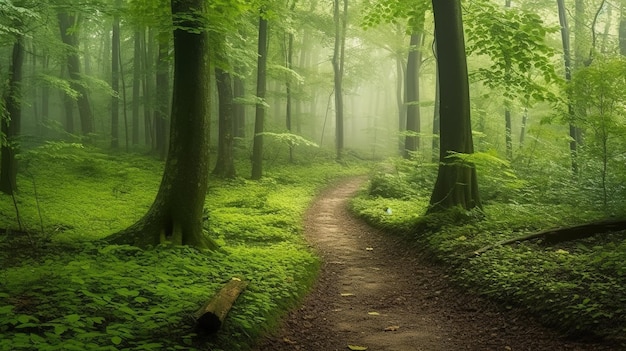 Een pad door een bos met groene bladeren en een boom op de achtergrond