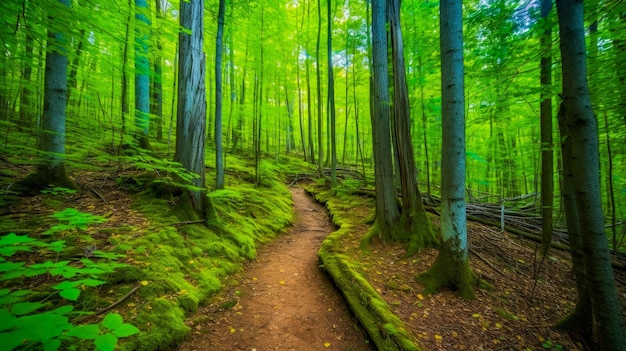 Een pad door een bos met groene bomen en een groene achtergrond