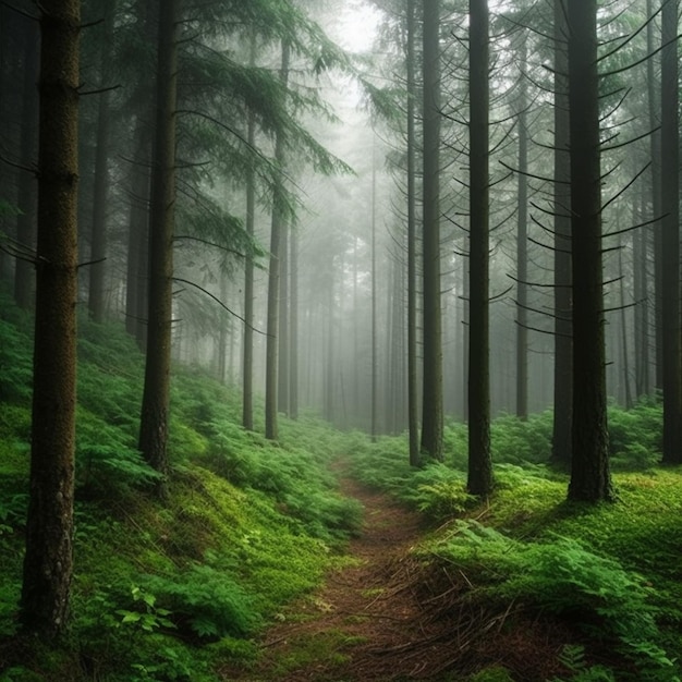 Een pad door een bos met groene bomen en mist