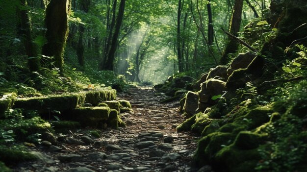 Een pad door een bos met mos en rotsen.